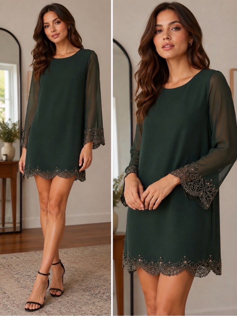 Alice and Olivia Forest Green embellished silk Chiffon Sleeve Shift Dress